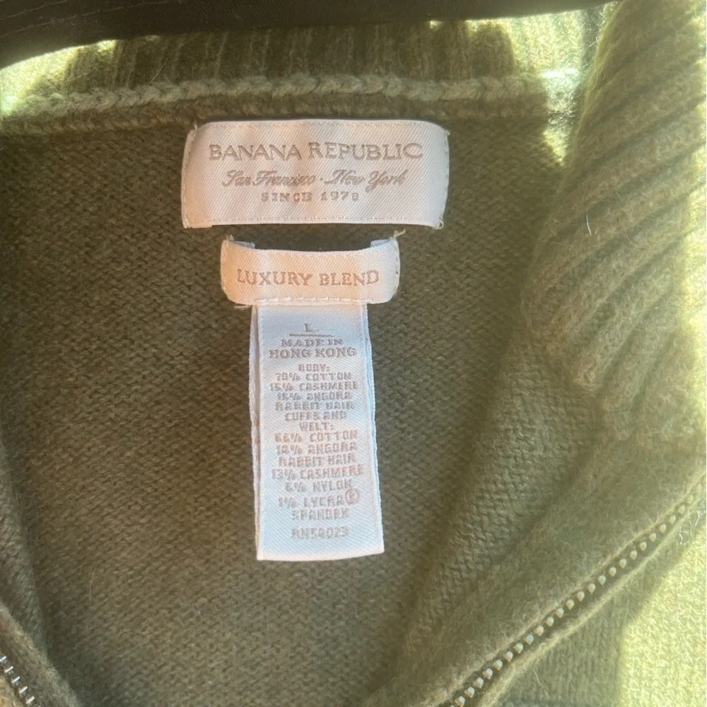 Men's Banana Republic Sweater Green Solid L Preppy Luxury Cashmere Zip HOLE City